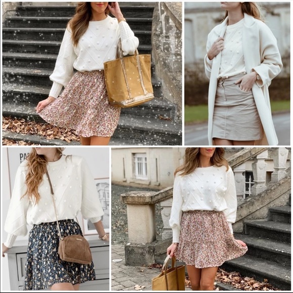 New! Off White Pompom Lantern Sleeve Knit Sweater - Picture 4 of 8